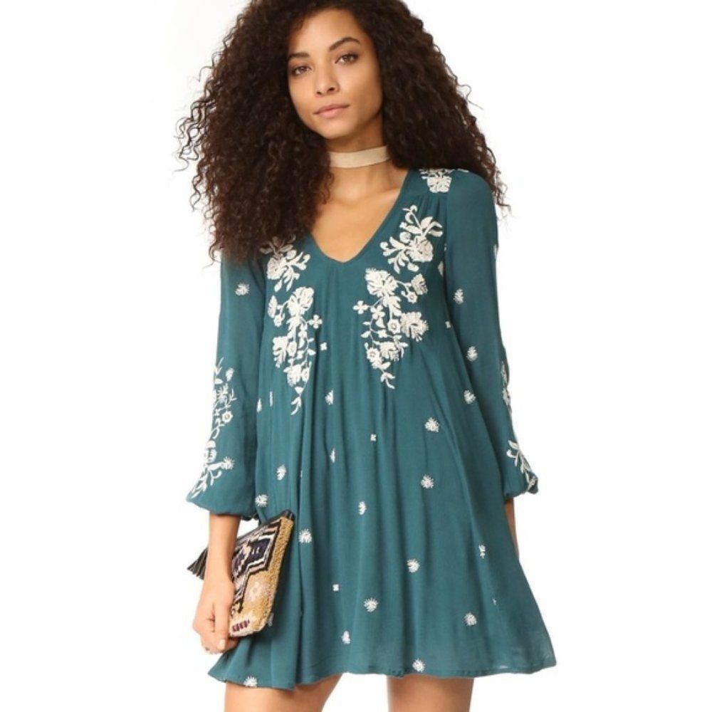 Free People Teal Mini Dress with Cream Floral Embroidery Women’s XS NWOT